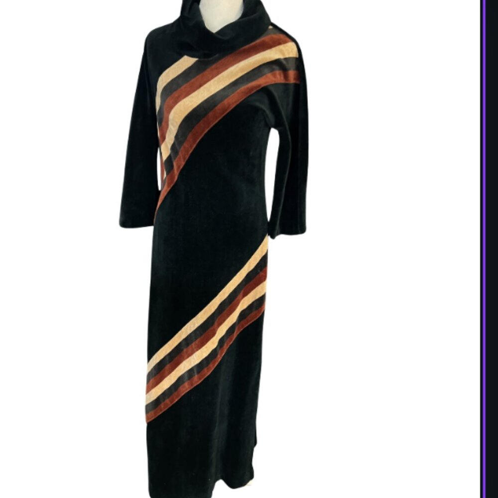 Rare 1970s Gerry Green Swiss Black Brown Stripes Velour Maxi Dress 38